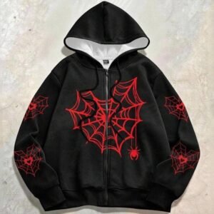 gothic spider web zip up hoodie unisex oversized streetwear jacket