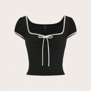shein mod camiseta slim fit feminina com manga bufante, laço e acabamento contrastante, tema menina tomate de verão shein